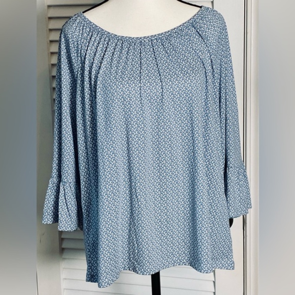 Michael Kors Large Blue White Floral Stretch Peasant Blouse 3/4 Ruffle Sleeves